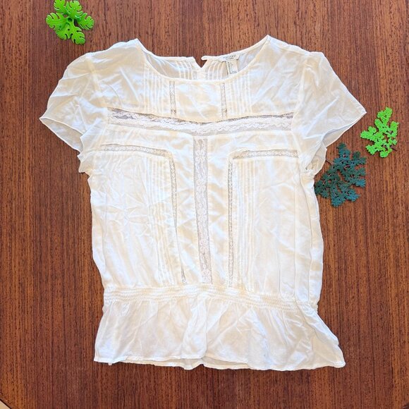 Delicate Short Sleeve Sheer Lace Front Peplum Top - Picture 1 of 8